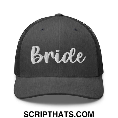 Black mesh trucker hat with white embroidered bride script across the front for bridal wear