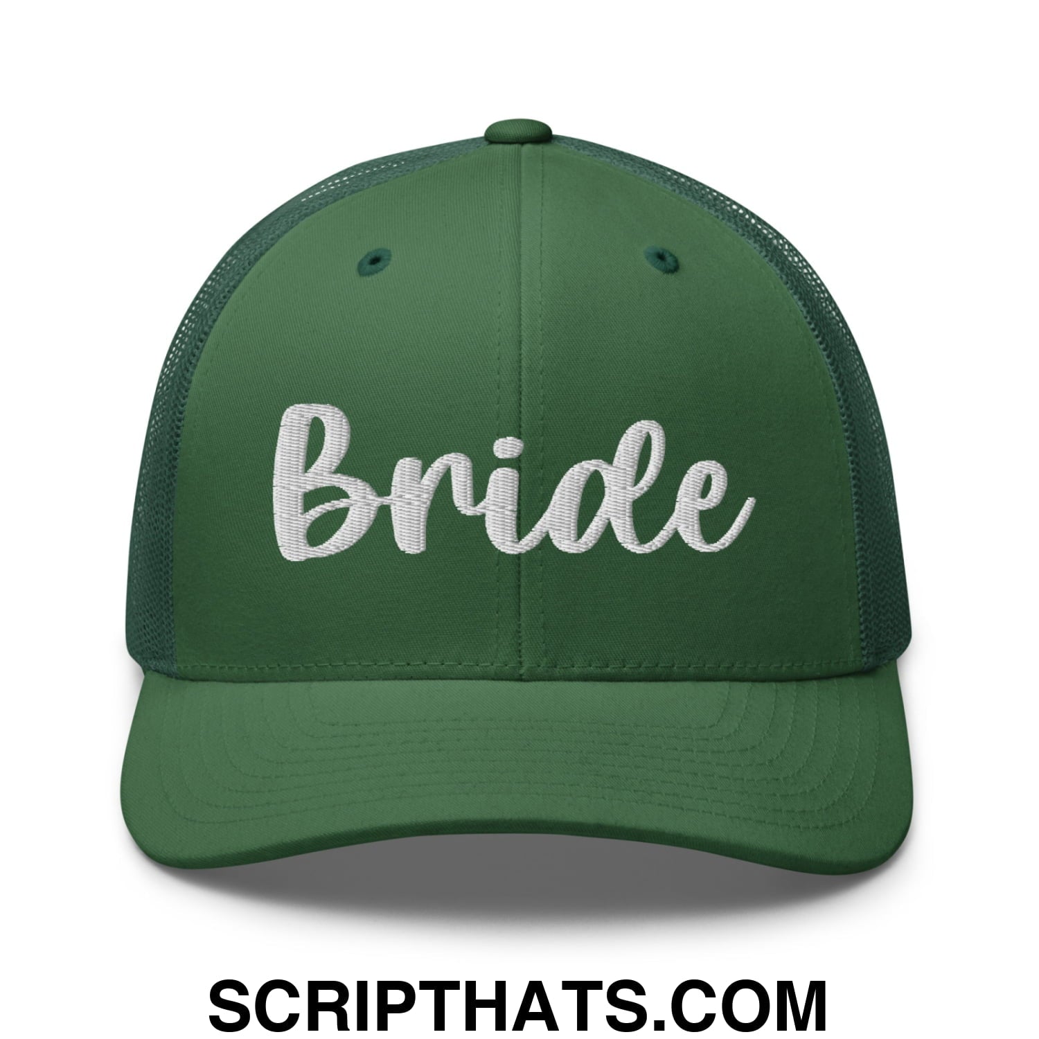 A dark green mesh trucker hat with white embroidered bride script on the front for bridal wear