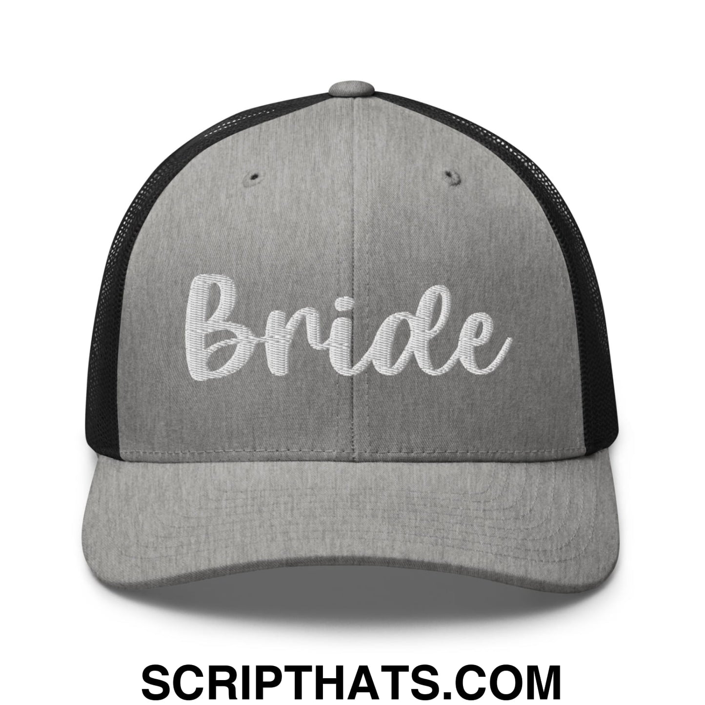 Gray and black mesh trucker hat with white embroidered bride script on front for bridal occasions