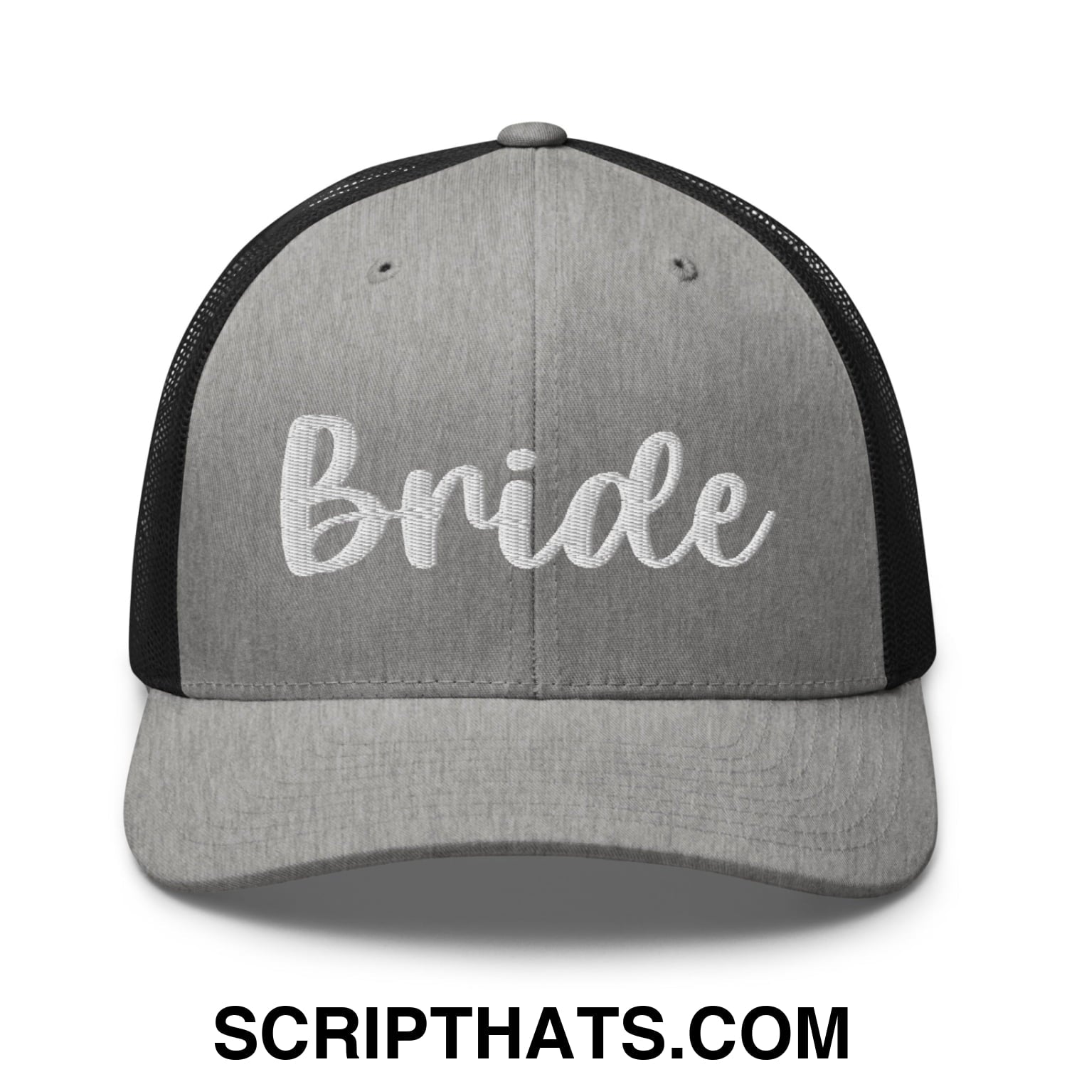 Gray and black mesh trucker hat with white embroidered bride script on front for bridal occasions