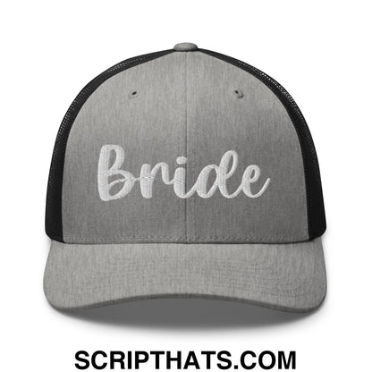 Gray and black mesh trucker hat with white embroidered bride script on front for bridal occasions