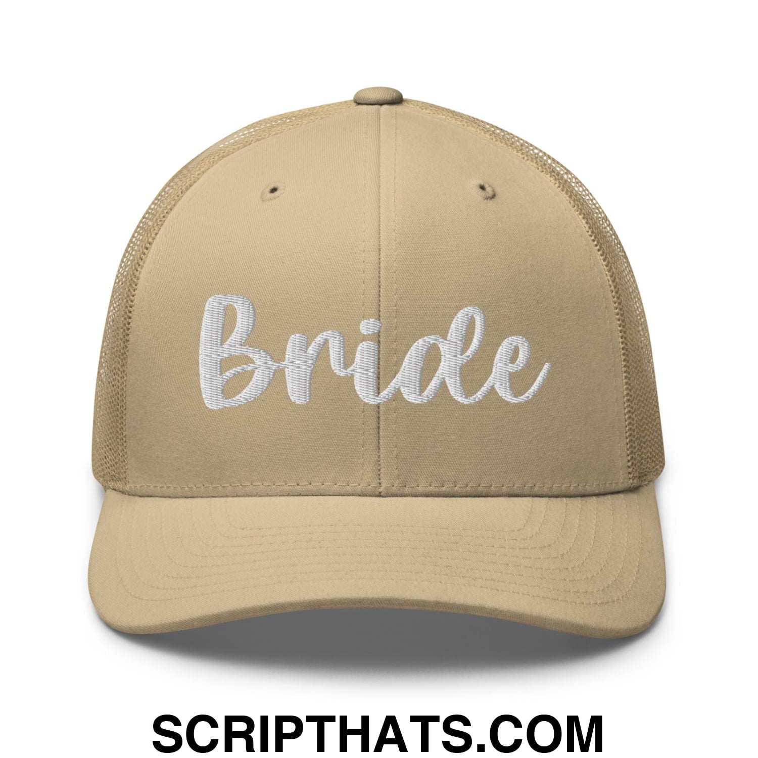 Beige mesh trucker hat with white embroidered bride script across the front for bridal occasions