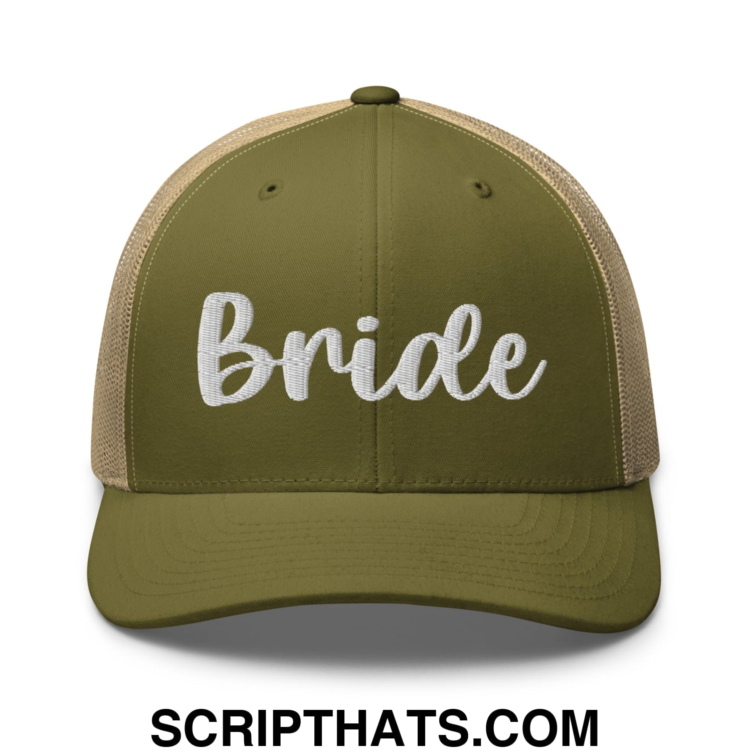 Olive green and beige mesh trucker hat with white embroidered bride script perfect for bridal wear