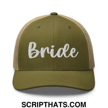 Olive green and beige mesh trucker hat with white embroidered bride script perfect for bridal wear