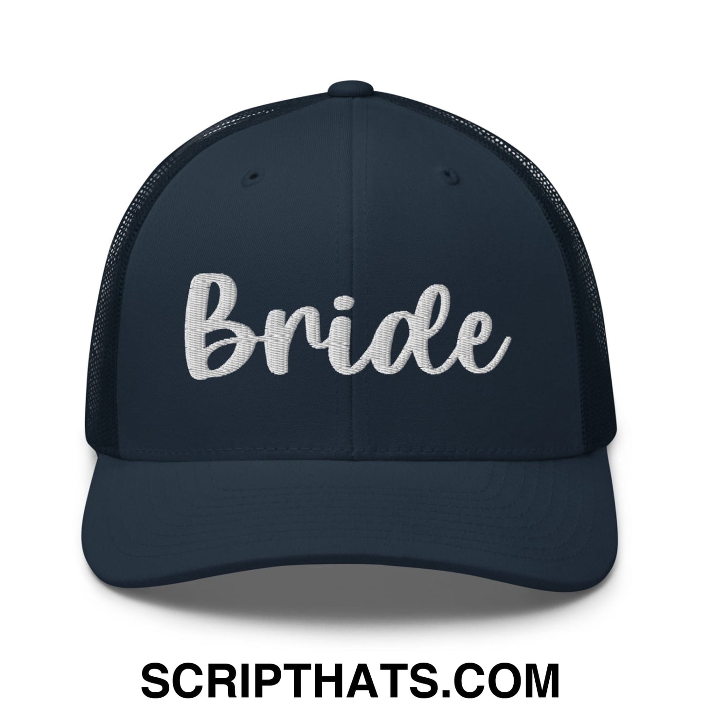 Navy blue mesh trucker hat with white embroidered bride script across the front for bridal wear