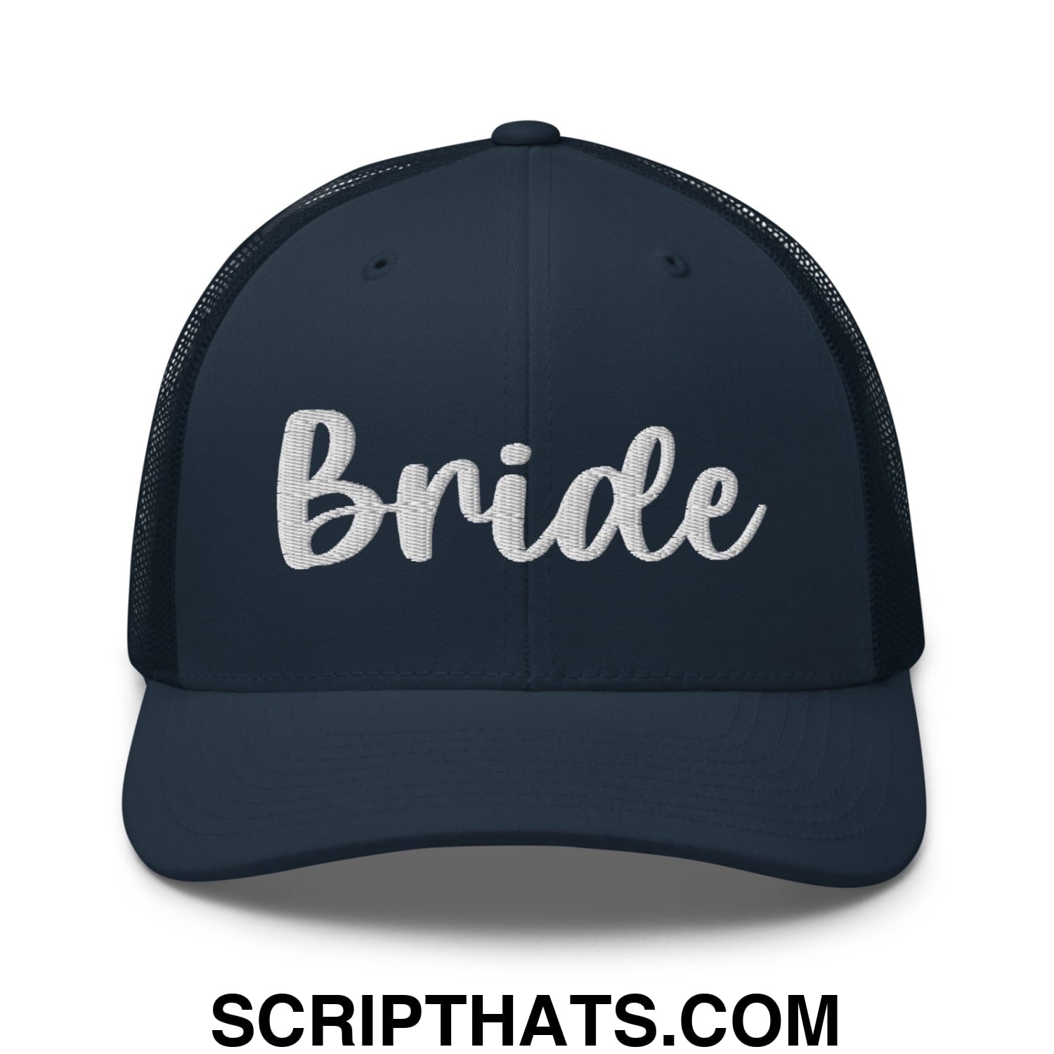 Navy blue mesh trucker hat with white embroidered bride script across the front for bridal wear