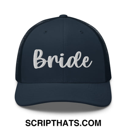 Navy blue mesh trucker hat with white embroidered bride script across the front for bridal wear