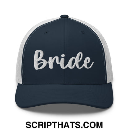 Navy blue and white mesh trucker hat with bride embroidered in cursive script for bridal wear