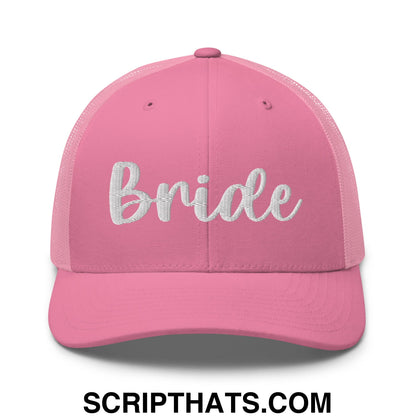 Pink mesh trucker hat with white embroidered bride script across the front for bridal wear