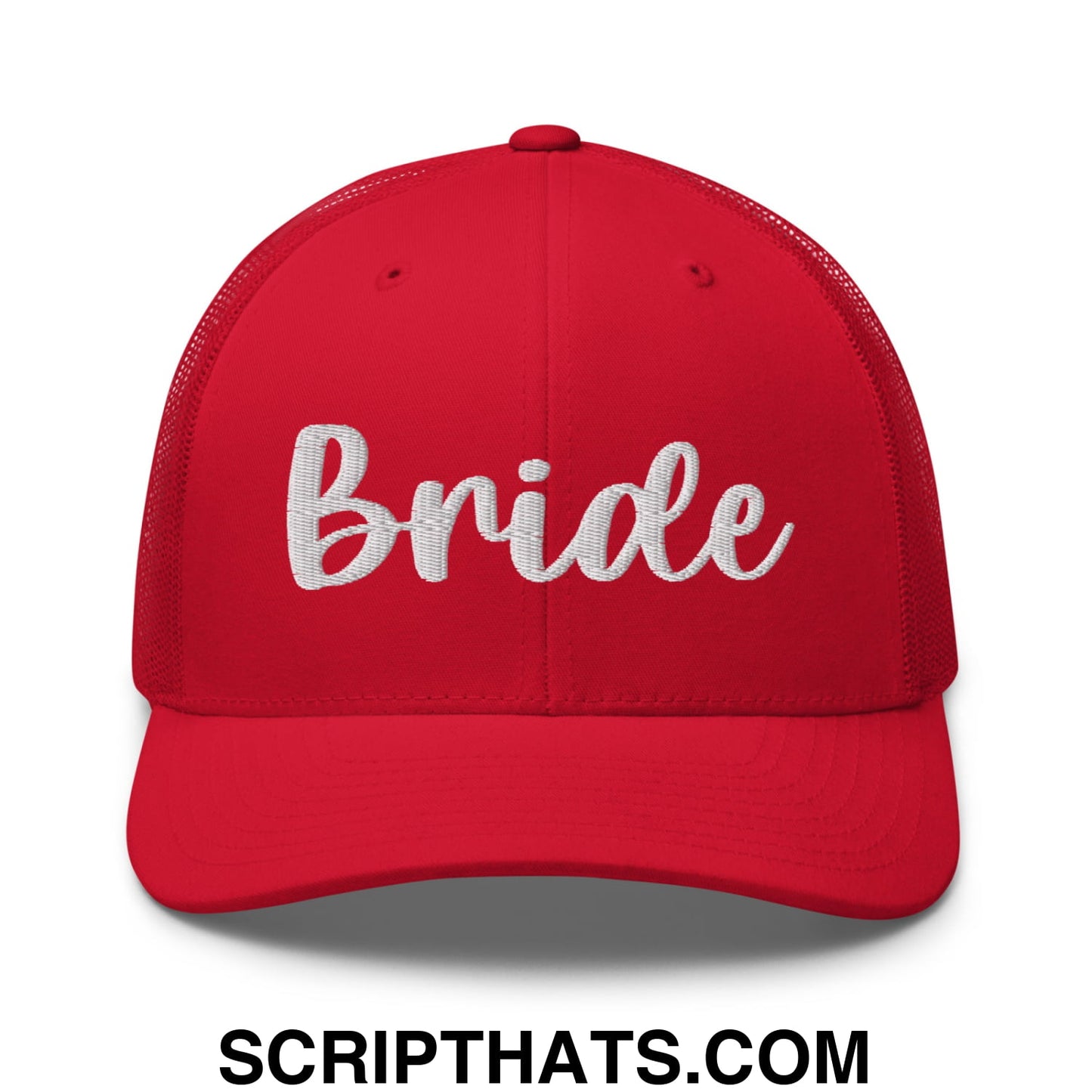 A vibrant red bride embroidered mesh trucker hat featuring white script across the front panel