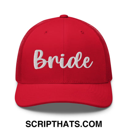 A vibrant red bride embroidered mesh trucker hat featuring white script across the front panel