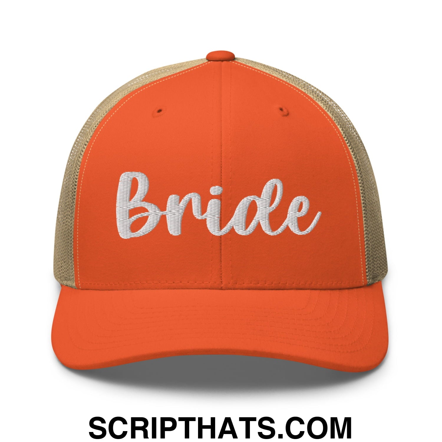 Orange and tan mesh trucker hat with white embroidered bride script for bridal wear and celebrations