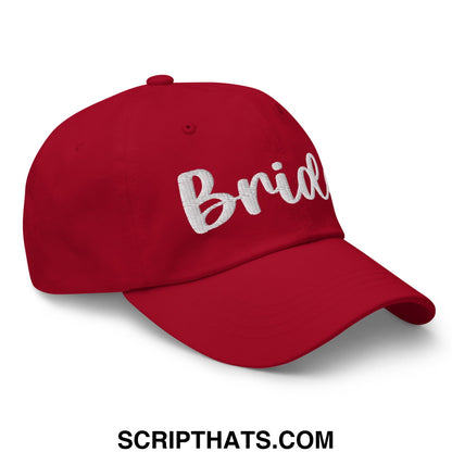 Red bride embroidered unstructured dad hat with white script embroidery for casual bridal wear
