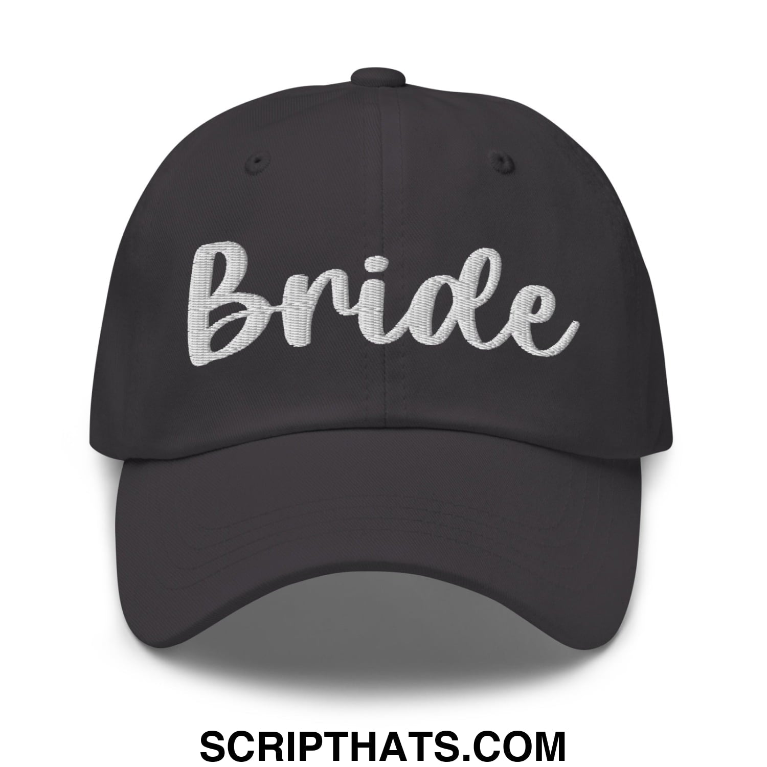 Black unstructured dad hat with white embroidered bride script on front for bridal wear and events