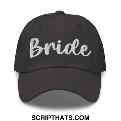 Black unstructured dad hat with white embroidered bride script on front for bridal wear and events