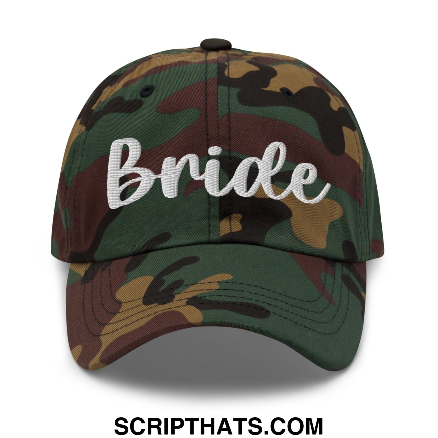 A camouflage unstructured dad hat with bride embroidered in white script across the front