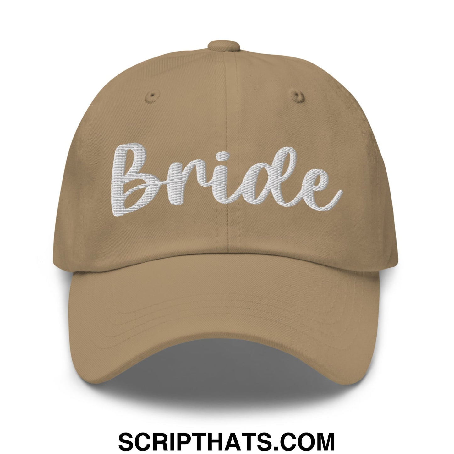 Beige unstructured dad hat with white embroidered bride script on front for bridal wear