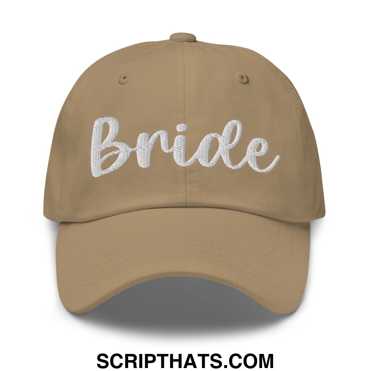 Beige unstructured dad hat with white embroidered bride script on front for bridal wear