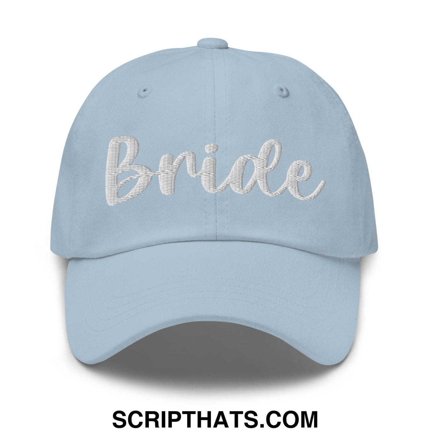 Light blue unstructured dad hat with bride embroidered in silver thread across the front for bridal wear