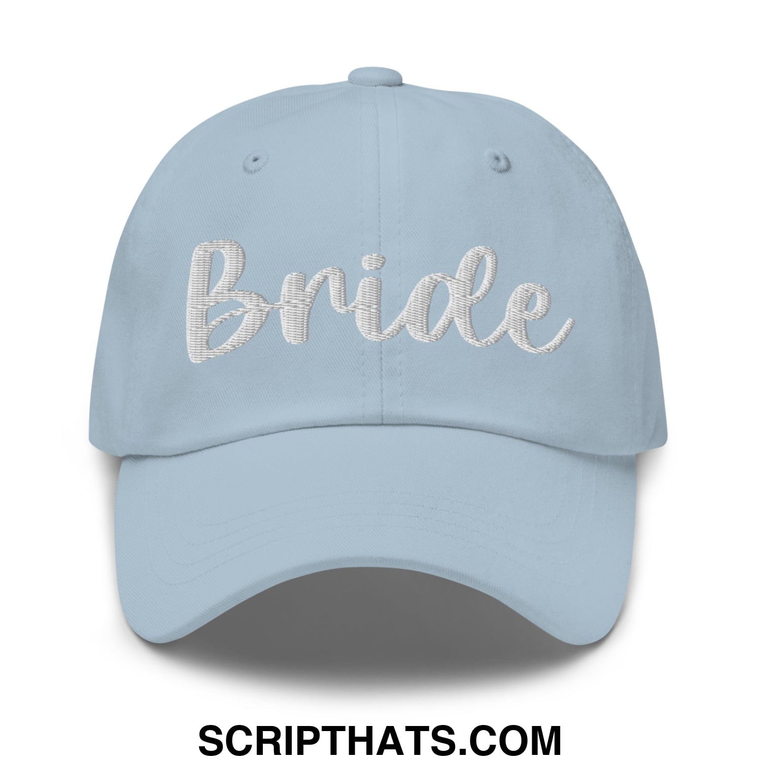 Light blue unstructured dad hat with bride embroidered in silver thread across the front for bridal wear