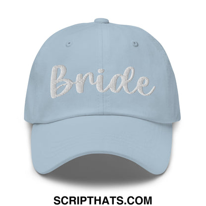 Light blue unstructured dad hat with bride embroidered in silver thread across the front for bridal wear