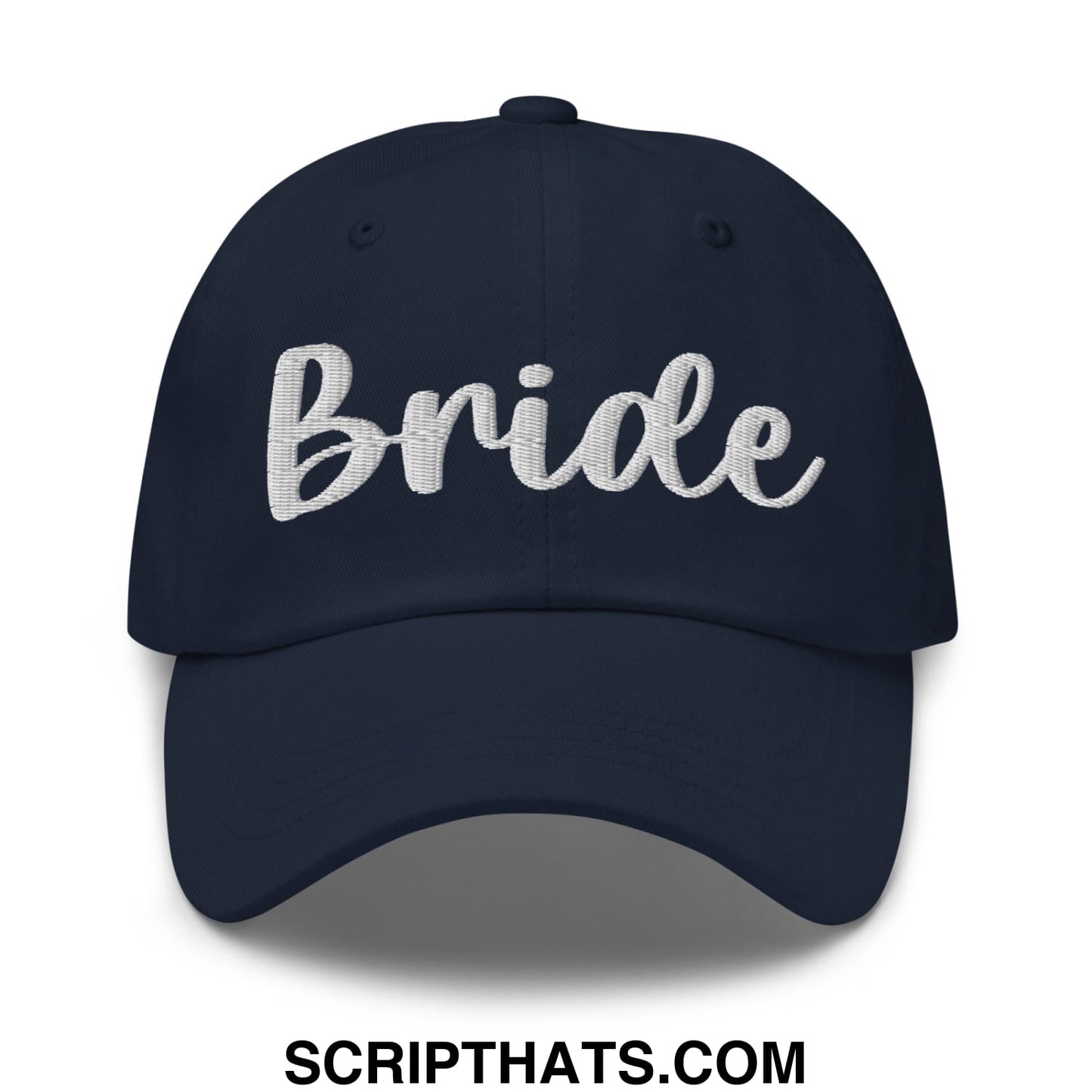 Navy blue unstructured dad hat with white embroidered bride script on front perfect for bridal wear