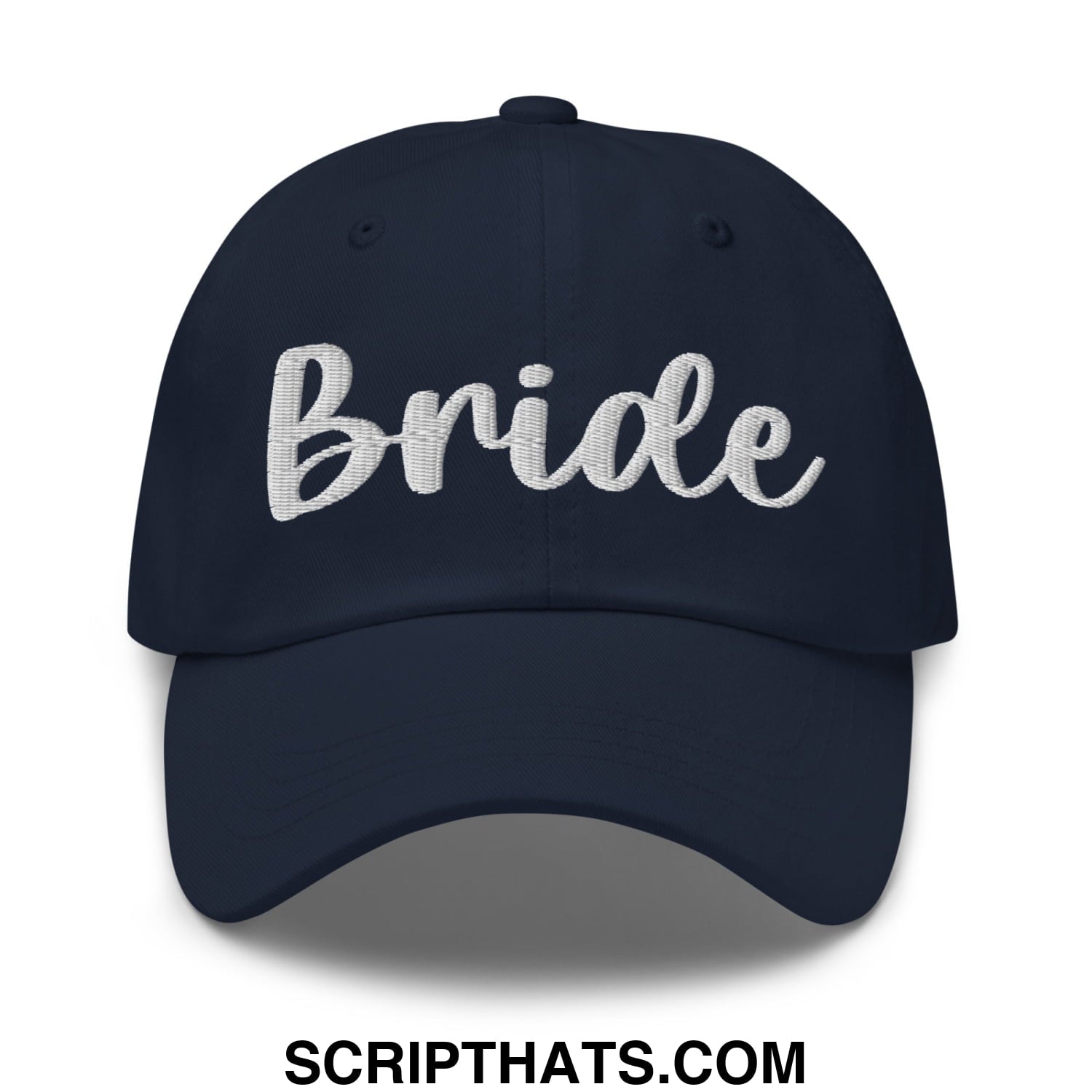 Navy blue unstructured dad hat with white embroidered bride script on front perfect for bridal wear