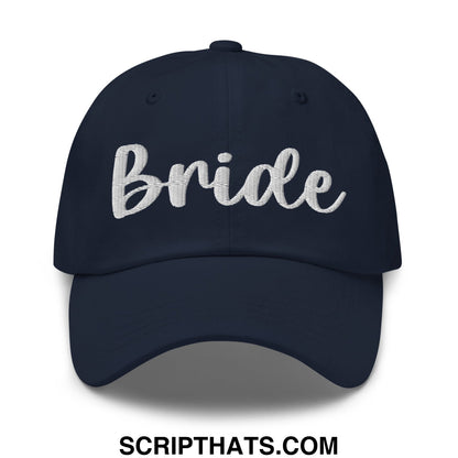 Navy blue unstructured dad hat with white embroidered bride script on front perfect for bridal wear