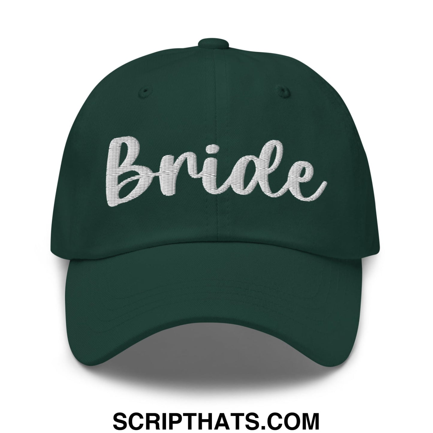 Dark green unstructured dad hat featuring white embroidered bride script across front for bridal wear