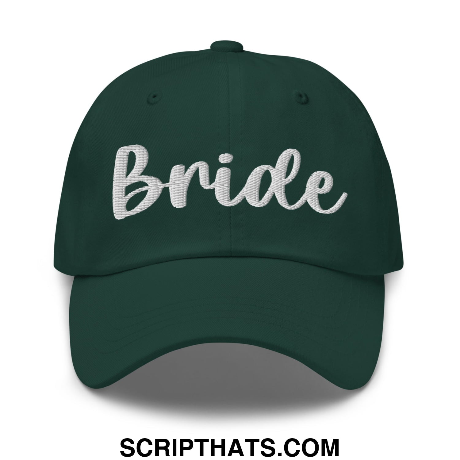 Dark green unstructured dad hat featuring white embroidered bride script across front for bridal wear