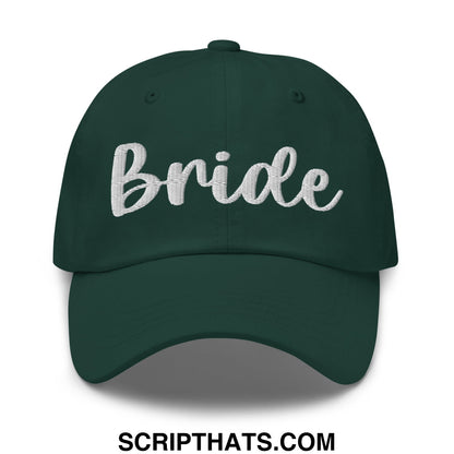 Dark green unstructured dad hat featuring white embroidered bride script across front for bridal wear