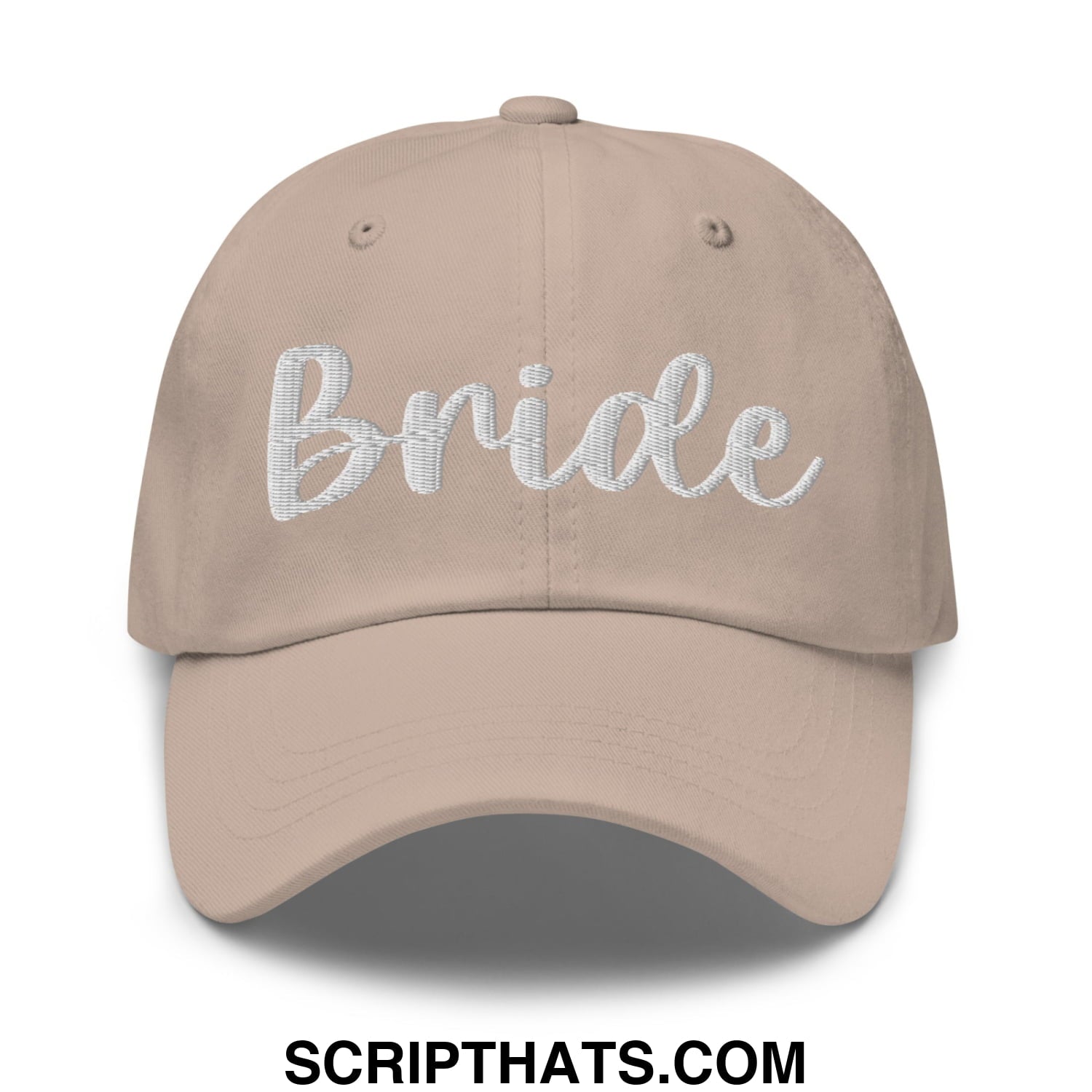 Beige unstructured dad hat with white embroidered bride script for bridal wear and casual styling