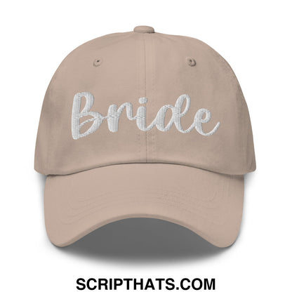 Beige unstructured dad hat with white embroidered bride script for bridal wear and casual styling