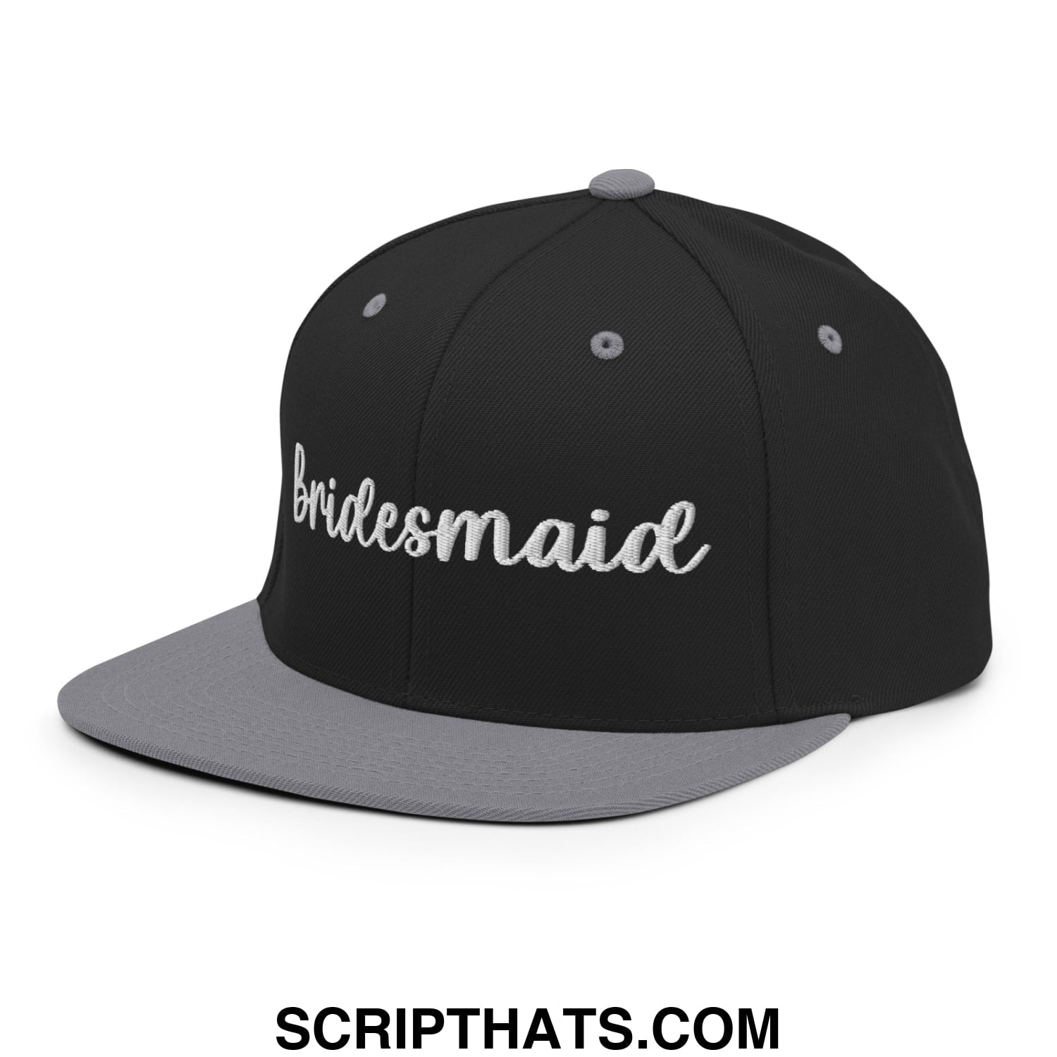 Black and gray snapback hat with bridesmaid embroidered in white script on the front flat bill brim design
