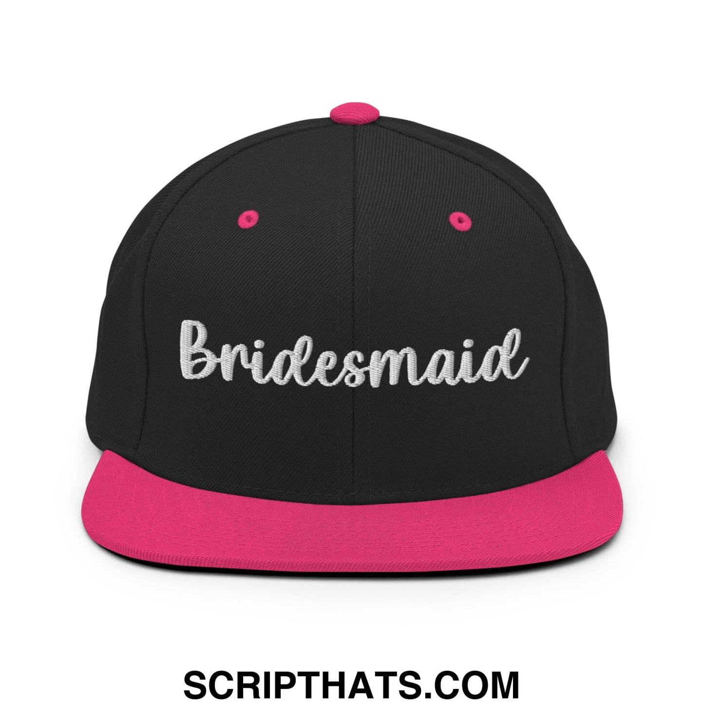 Black bridesmaid snapback hat with flat bill brim vibrant pink accents and silver embroidered lettering