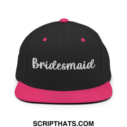 Black bridesmaid snapback hat with flat bill brim vibrant pink accents and silver embroidered lettering
