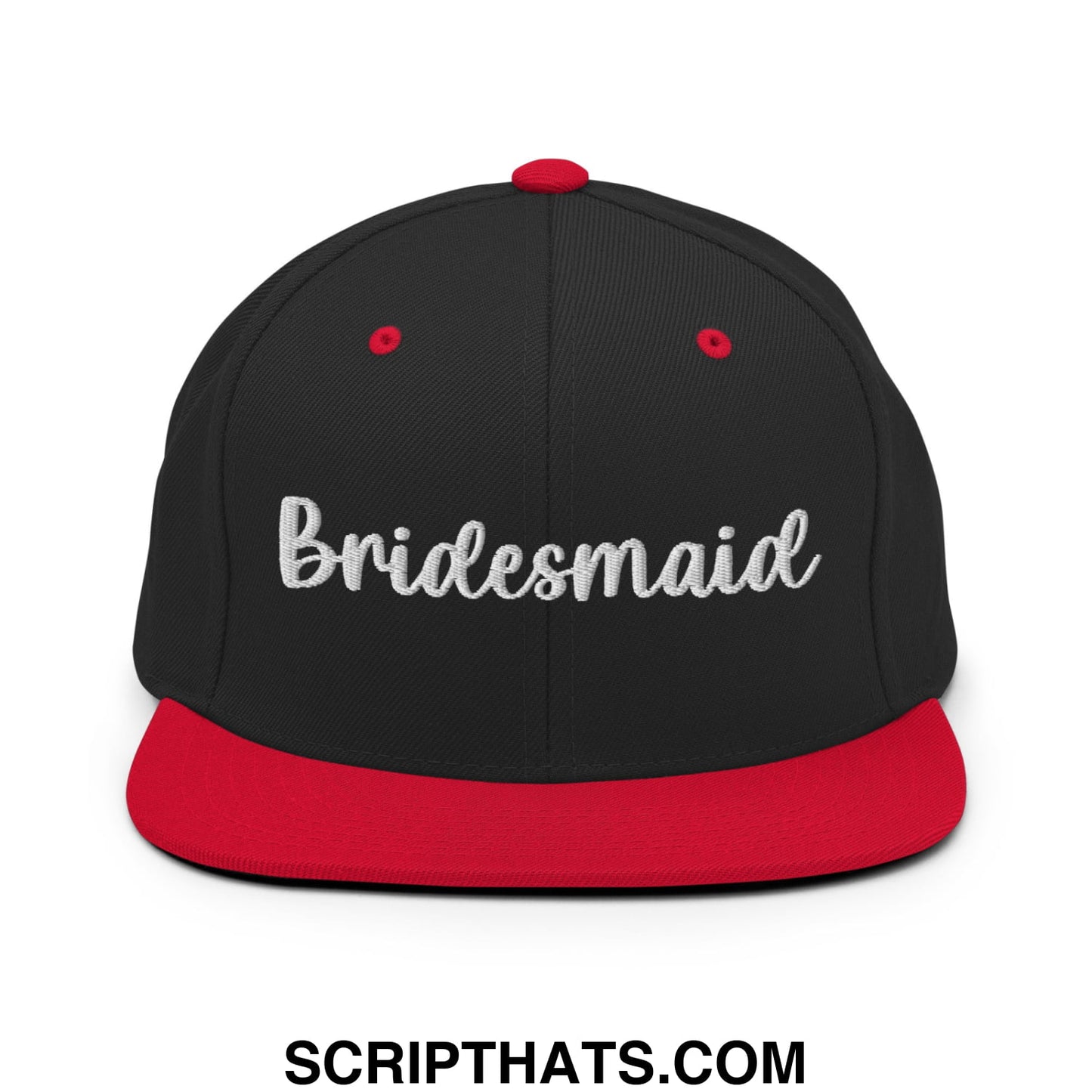 Black and red snapback hat with bridesmaid embroidered in silver thread on flat bill brim