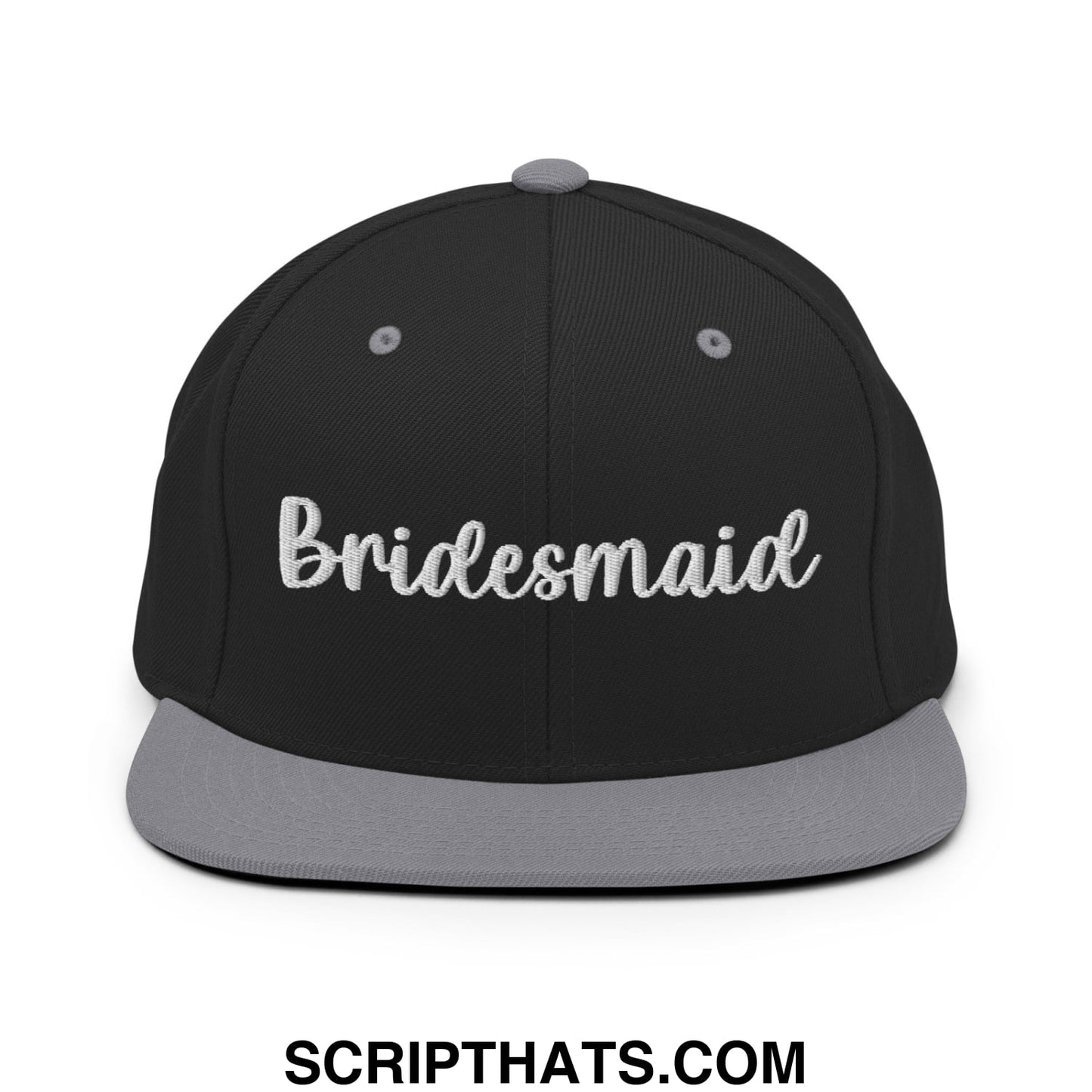 Bridesmaid embroidered flat bill snapback hat in black with gray brim and white cursive script front detail