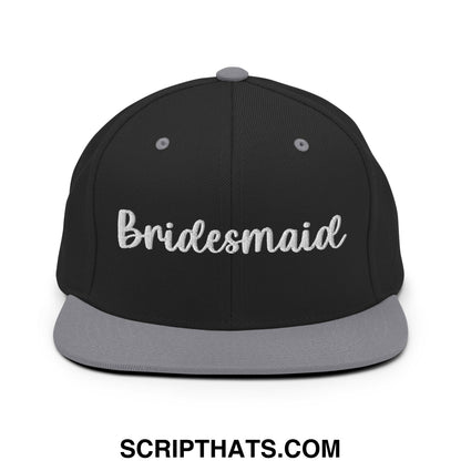 Bridesmaid embroidered flat bill snapback hat in black with gray brim and white cursive script front detail