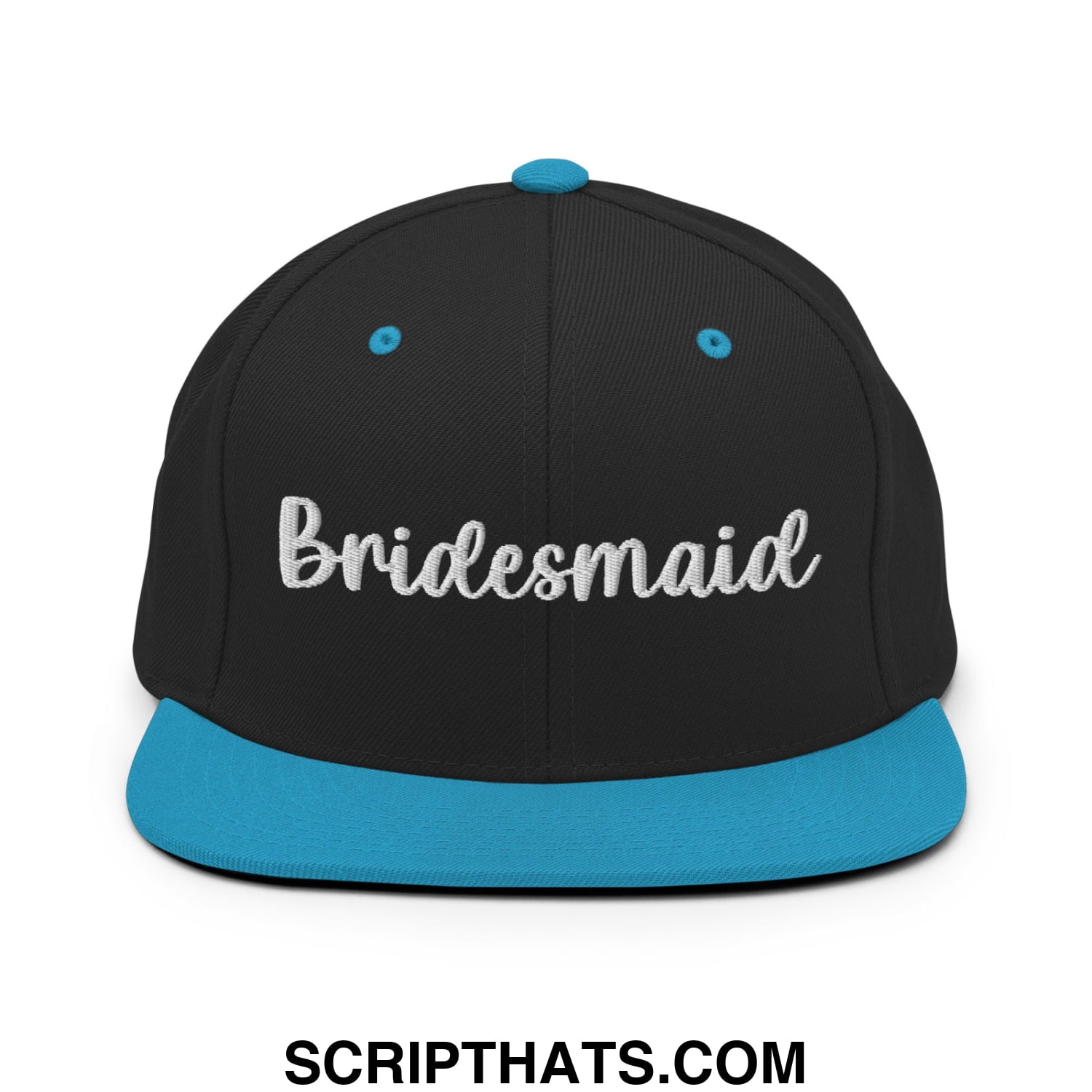 Black snapback hat with teal brim and button featuring bridesmaid embroidered in silver thread flat bill design