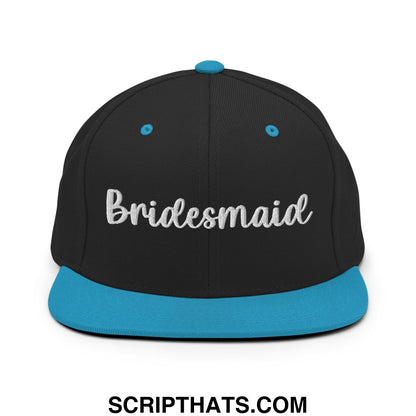 Black snapback hat with teal brim and button featuring bridesmaid embroidered in silver thread flat bill design