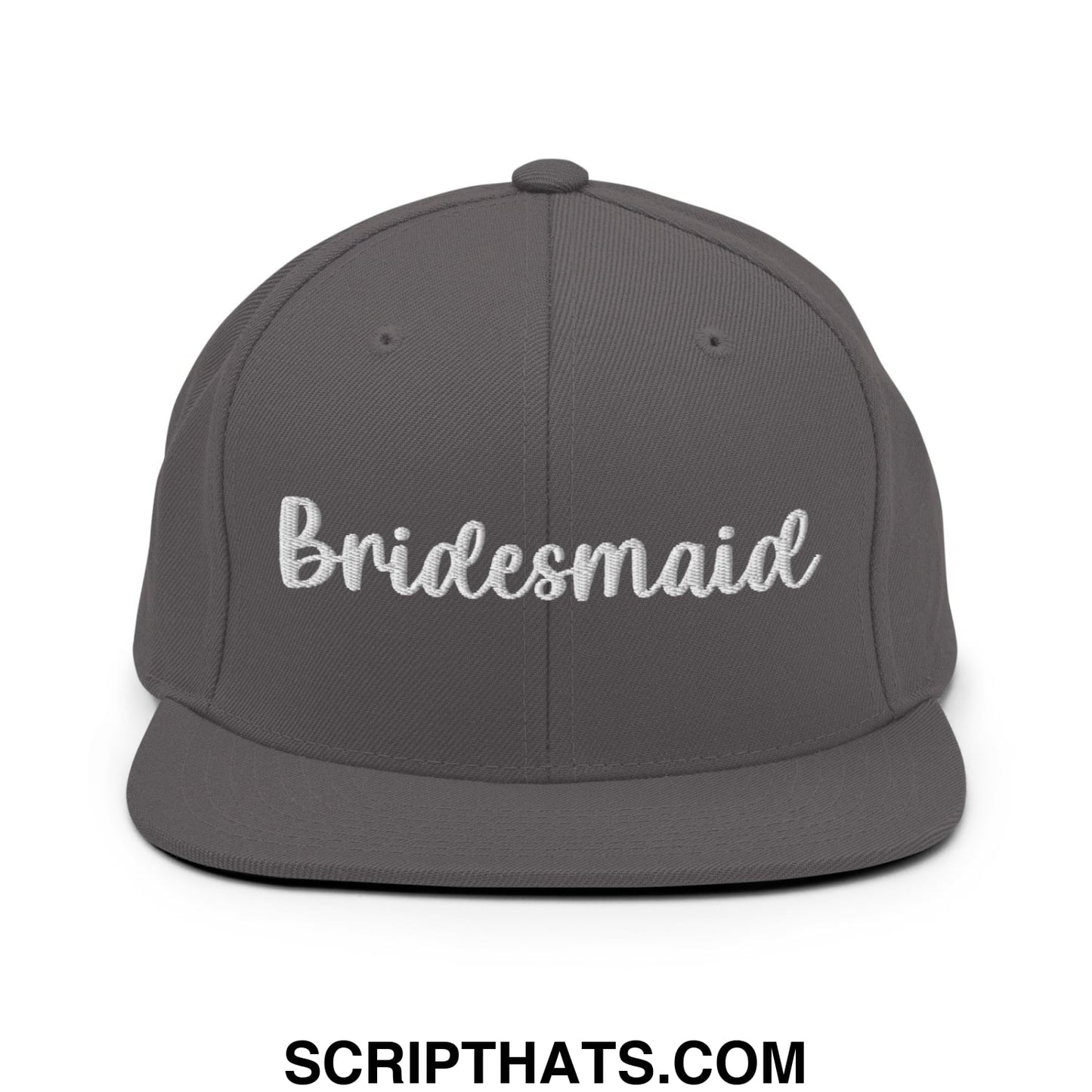 Gray snapback hat with white embroidered bridesmaid script and flat bill brim for bridal party wear