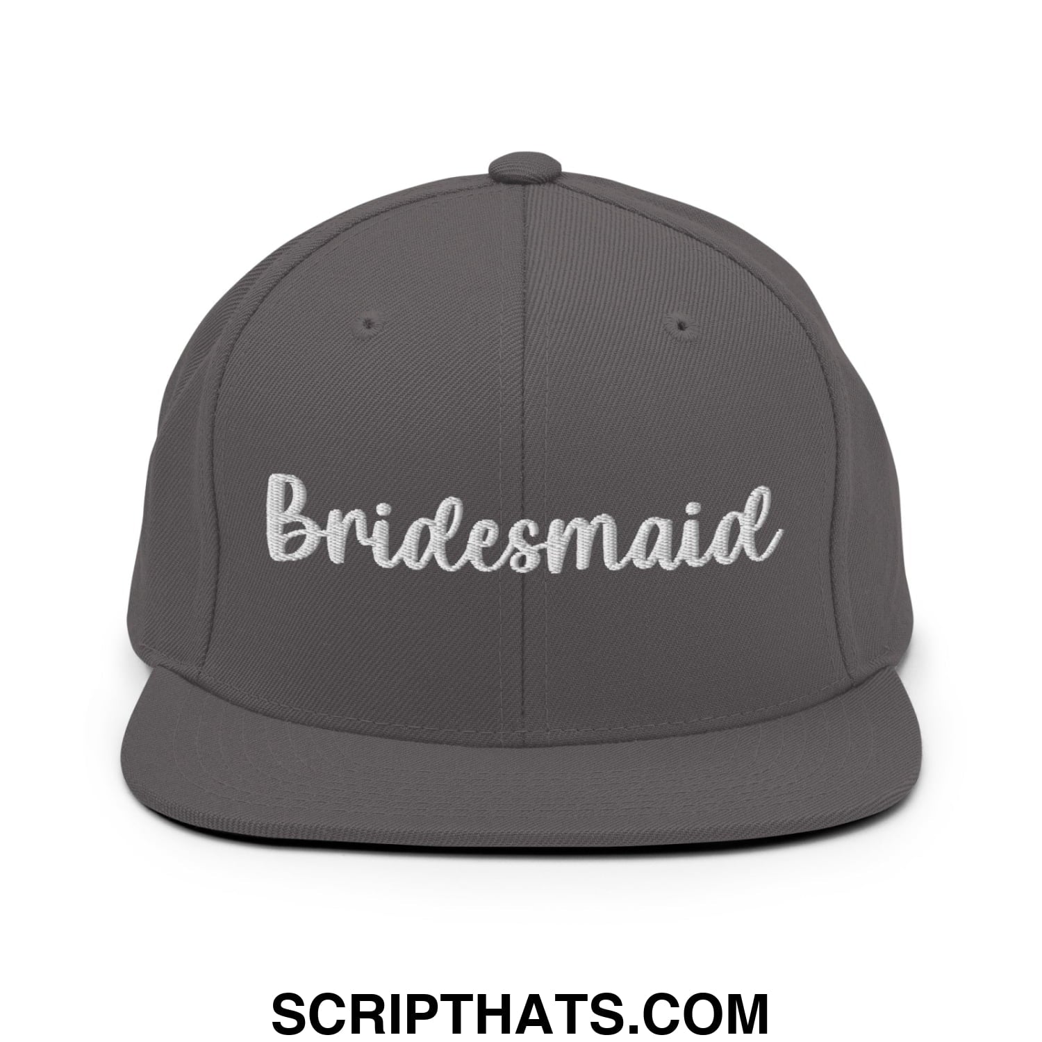 Gray snapback hat with white embroidered bridesmaid script and flat bill brim for bridal party wear