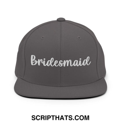 Gray snapback hat with white embroidered bridesmaid script and flat bill brim for bridal party wear
