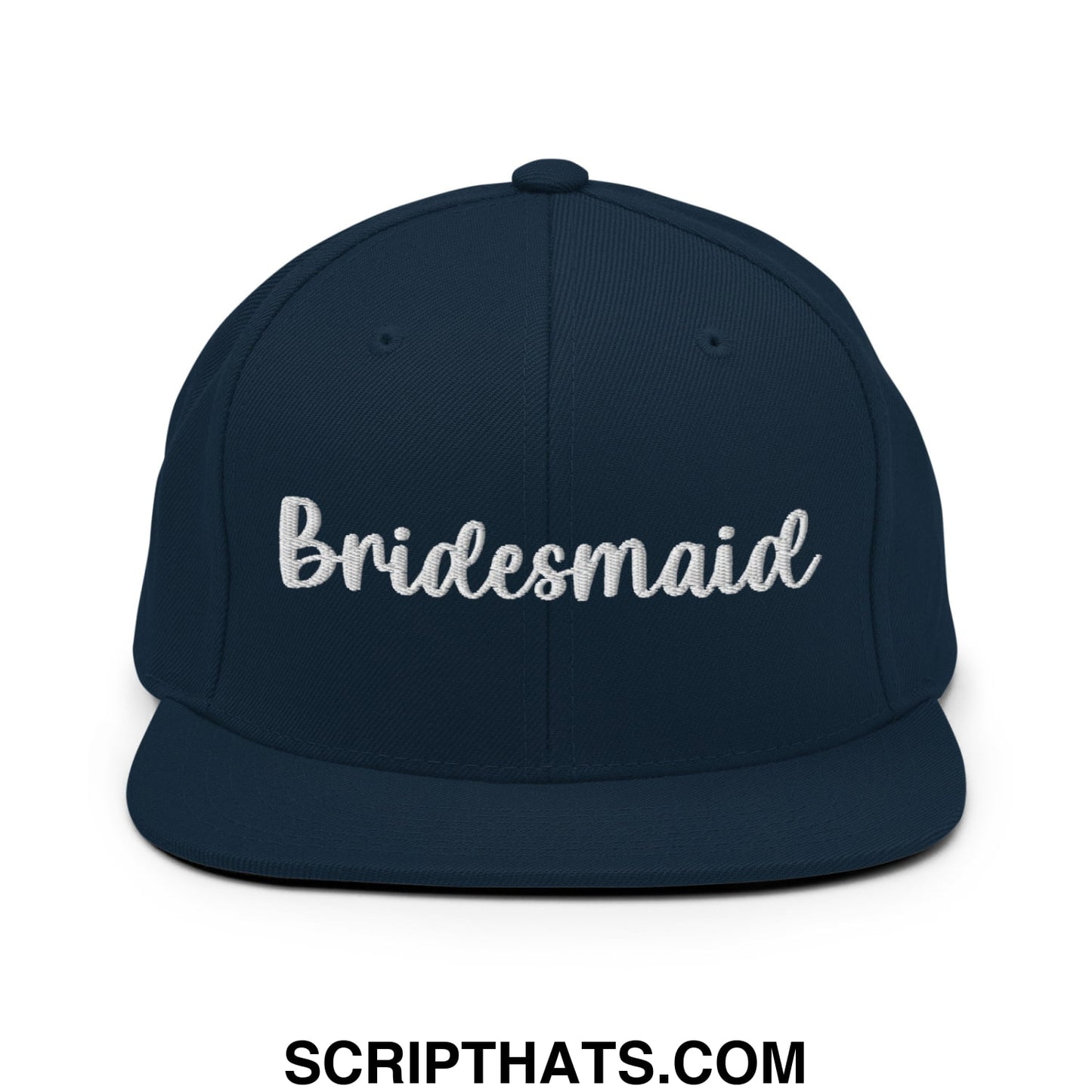Navy blue bridesmaid embroidered flat bill brim snapback hat with white script for bridal party use