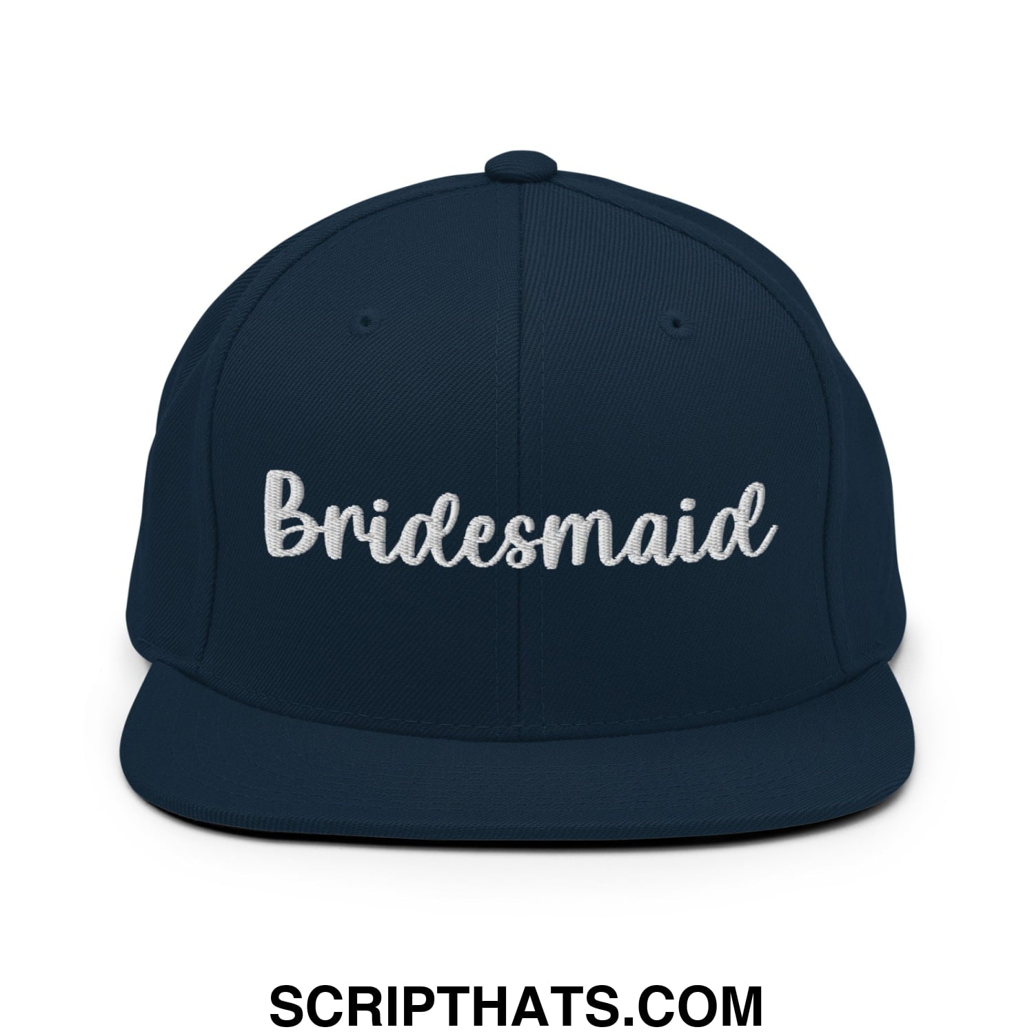 Navy blue bridesmaid embroidered flat bill brim snapback hat with white script for bridal party use