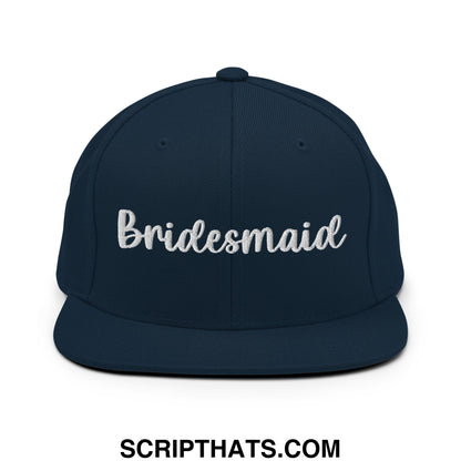 Navy blue bridesmaid embroidered flat bill brim snapback hat with white script for bridal party use
