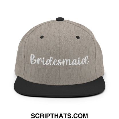 Gray and black snapback cap with bridesmaid embroidered in white script flat bill brim for wedding parties