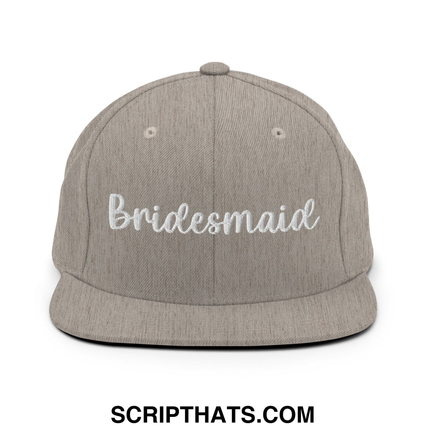 A gray heathered flat bill snapback hat with bridesmaid embroidered in white script on the front