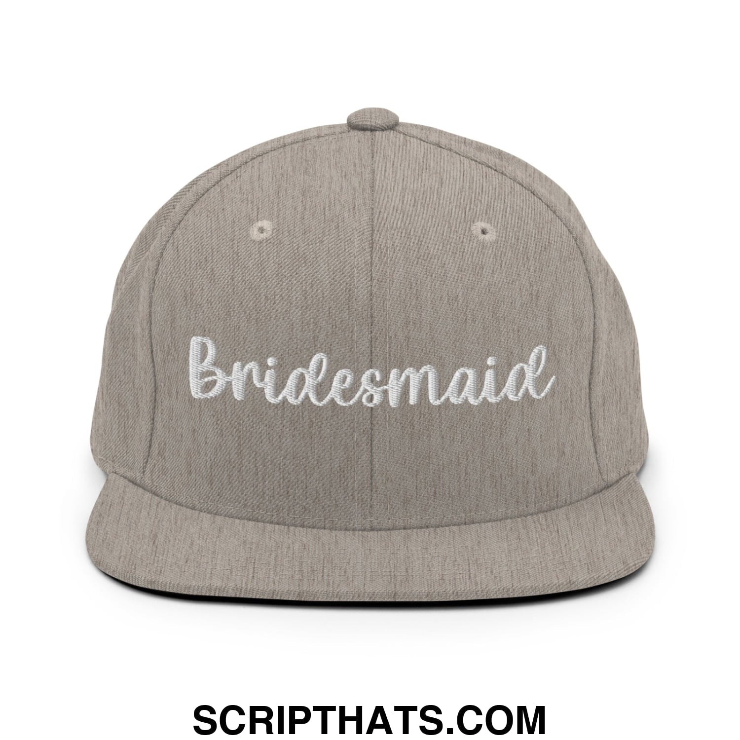 A gray heathered flat bill snapback hat with bridesmaid embroidered in white script on the front